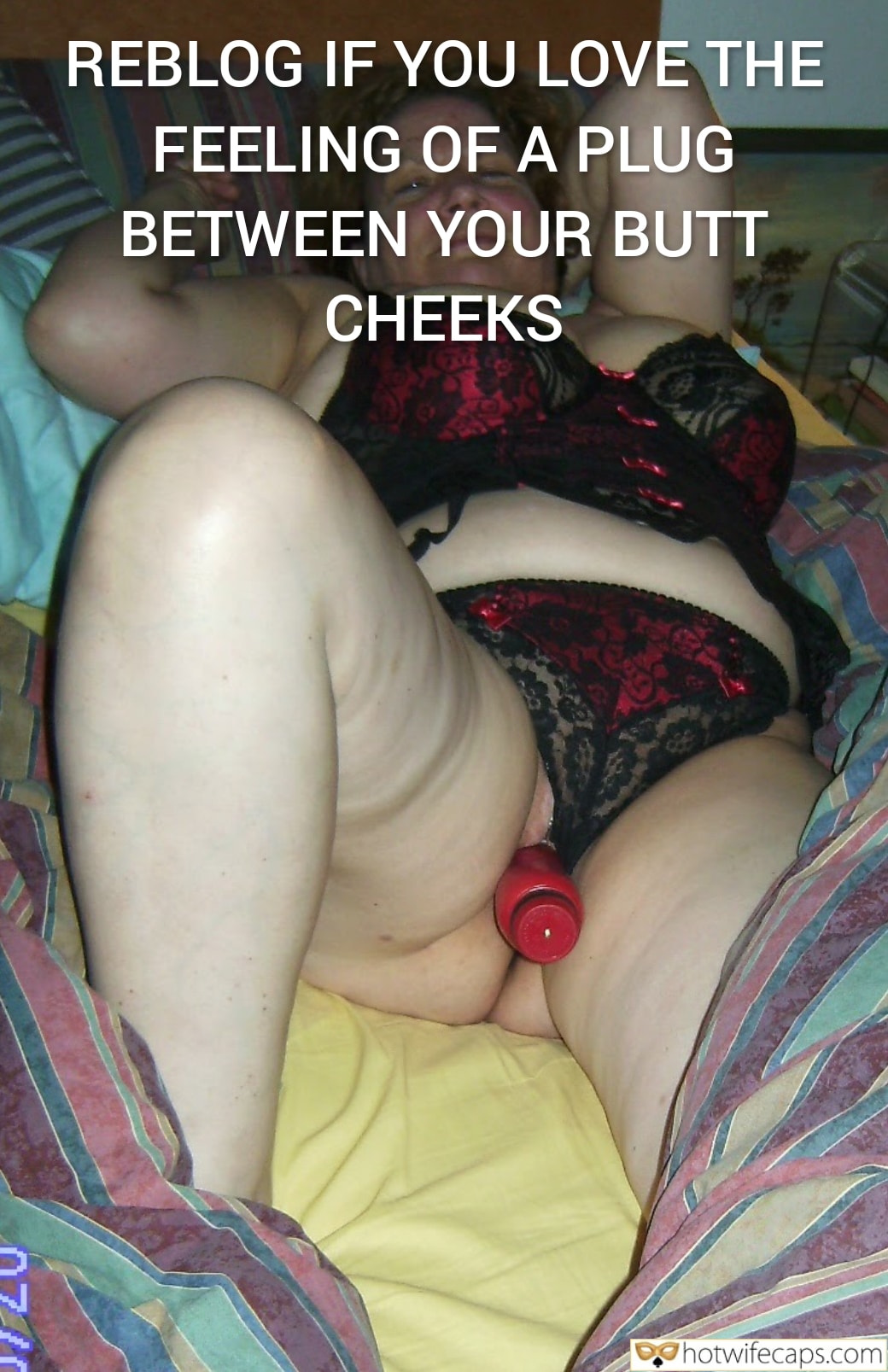 Wife Sharing Submitted by Users 🔥 Cum Slut Cuckold Stories Creampie Cheating Bully Bull Bottomless Boss Anal hotwife caption: Curvy woman enjoys anal play with red plug, legs spread wide on striped bed sheets, lace lingerie barely concealing her body. Curvy MILF Loves Her Red Plug Deep in Her Ass