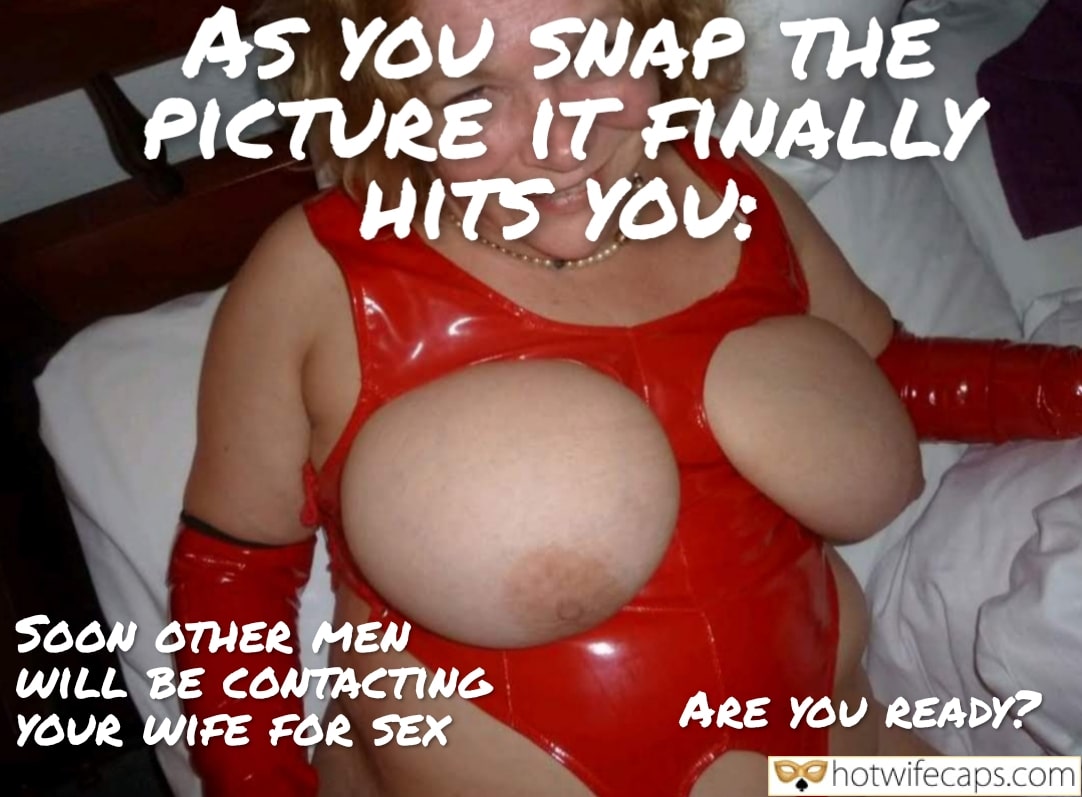 Wife Sharing Submitted by Users 🔥 Cuckold Stories Cheating Bull hotwife caption: A blonde woman in a red latex bodysuit poses seductively, anticipating her husband's reaction to other men contacting her for sex. Anticipating Her Husband’s Humiliation