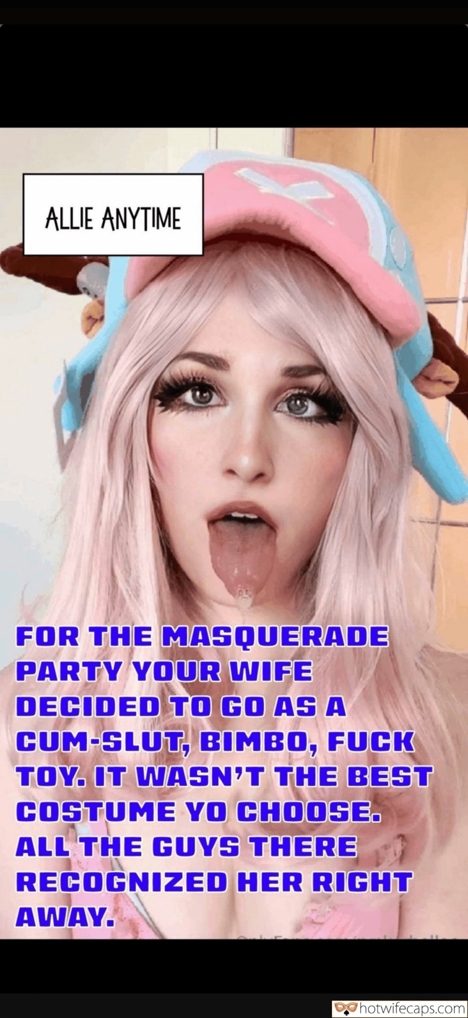 Submitted by Users 🔥 Cum Slut Cuckold Stories Cheating hotwife caption: Allie's costume as a cum-slut, bimbo, and fuck toy at the masquerade party drew all eyes, her small perky tits barely covered, mouth dripping with cum, and h... Cum-Slut Wife Exposed: All Eyes on Her at the Masquerade