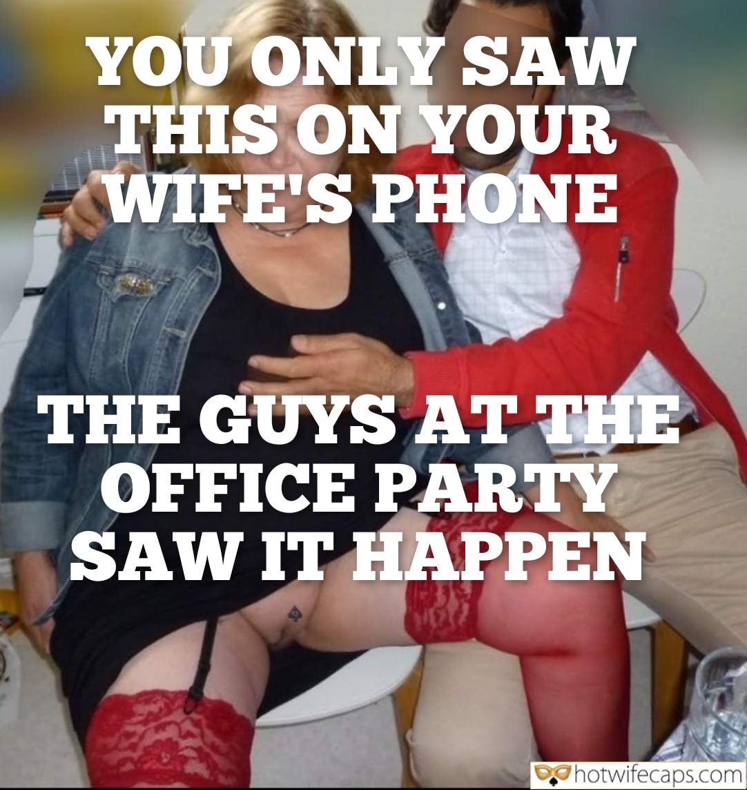 Wife Sharing Submitted by Users 🔥 Cuckold Stories Cheating Bull Bottomless Boss hotwife caption: A woman in a black tank top and denim jacket, with her skirt pulled up, is the center of attention at an office party, with a man's hand on her chest. Did You See What Happened at the Office Party?