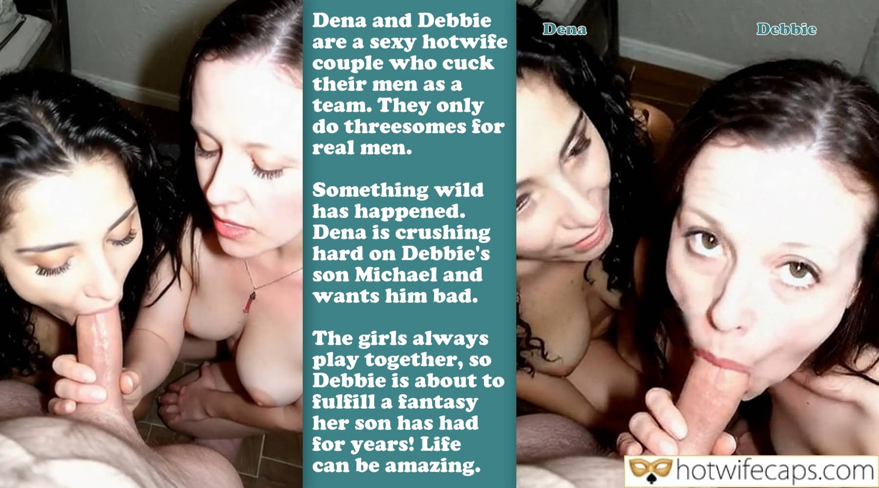 Threesome Submitted by Users 🔥 Group Sex Blowjob hotwife caption: Dena and Debbie, a hotwife couple, fulfill a son's fantasy in a forbidden threesome, giving simultaneous blowjobs to his hard cock. A Forbidden Threesome: Dena and Debbie Fulfill a Son’s Fantasy