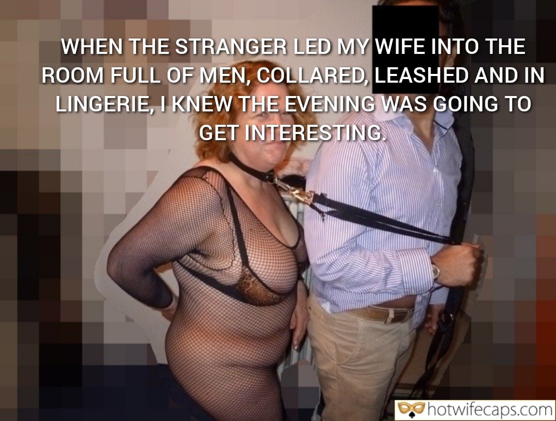 Wife Sharing Submitted by Users 🔥 Group Sex Friends Cuckold Stories Cheating Bull hotwife caption: Wife collared and leashed, led into a room of men, her body on full display in a sheer fishnet bodysuit. Wife’s Leashed Submission to Strangers